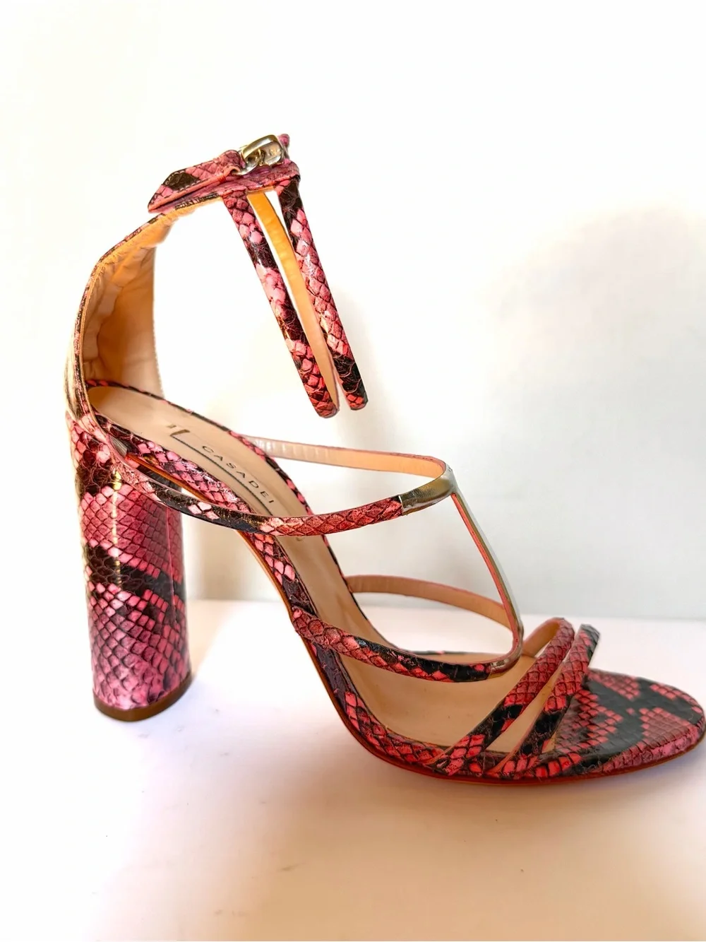 Casadei Pink Snake Print Leather T-Bar Sandals Block Heel US 7.5 EU 37.5
